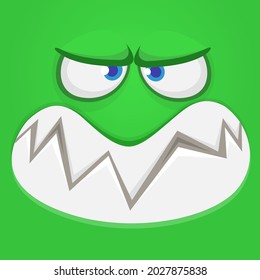 Angry cartoon monster face. Illustration of creepy and scary mythical alien creature expression. Halloween design. Great for party decoration or package design