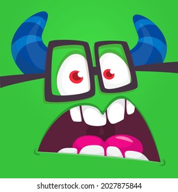 Angry cartoon monster face. Illustration of creepy and scary mythical alien creature expression. Halloween design. Great for party decoration or package design