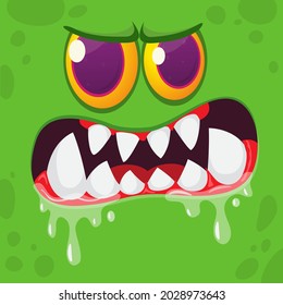 Angry cartoon monster face. Illustration of grumpy and mad creature expression. Halloween design. Great for party decoration or package design