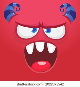 Angry cartoon monster face. Illustration of creepy and scary mythical alien creature expression. Halloween design. Great for party decoration or package design