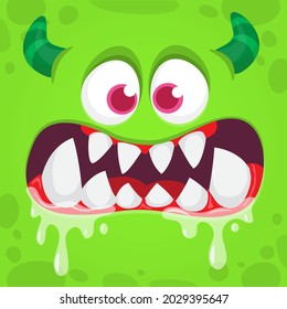 Angry cartoon monster face. Illustration of creepy and scary mythical alien creature expression. Halloween design. Great for party decoration or package design