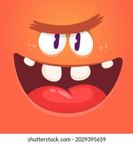 Angry cartoon monster face. Illustration of creepy and scary mythical alien creature expression. Halloween design. Great for party decoration or package design