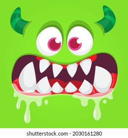 Angry cartoon monster face. Illustration of creepy and scary mythical alien creature expression. Halloween design. Great for party decoration or package design