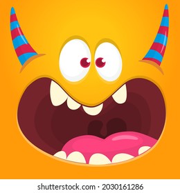 Angry cartoon monster face. Illustration of creepy and scary mythical alien creature expression. Halloween design. Great for party decoration or package design