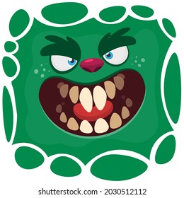 Angry cartoon monster face. Illustration of creepy and scary mythical alien creature expression. Halloween design. Great for party decoration or package design