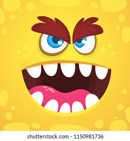 Angry cartoon monster face. Vector Halloween orange monster avatar. Design for print, children book, party decoration