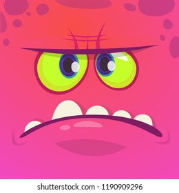 Angry cartoon monster face. Vector Halloween pink monster character