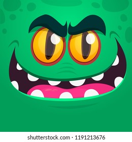 Angry cartoon monster face. Vector Halloween green monster character