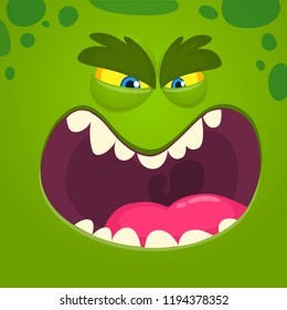 Angry cartoon monster face. Vector Halloween green monster character