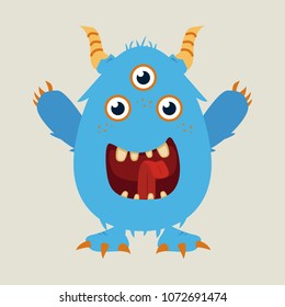 Angry cartoon monster. Halloween vector blue and horned monster