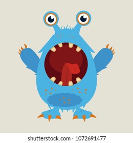 Angry cartoon monster. Halloween vector blue and horned monster