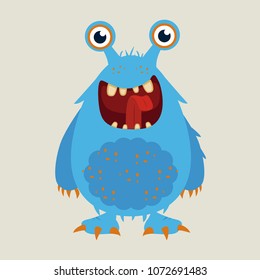 Angry cartoon monster. Halloween vector blue and horned monster