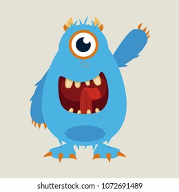 Angry cartoon monster. Halloween vector blue and horned monster