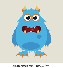 Angry cartoon monster. Halloween vector blue and horned monster