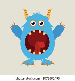 Angry cartoon monster. Halloween vector blue and horned monster