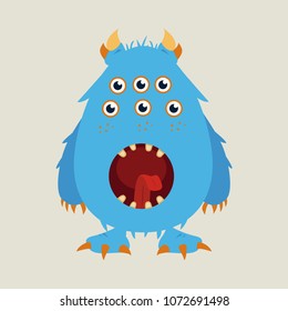 Angry cartoon monster. Halloween vector blue and horned monster