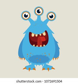 Angry cartoon monster. Halloween vector blue and horned monster
