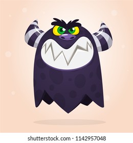 Angry cartoon monster. Halloween vector black and horned monster 