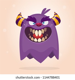 Angry cartoon monster. Halloween vector blue and horned monster 