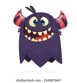 Angry cartoon monster. Halloween vector black and horned monster 