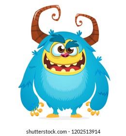 Angry cartoon monster. Halloween vector blue and horned monster. Yeti or bigfoot character