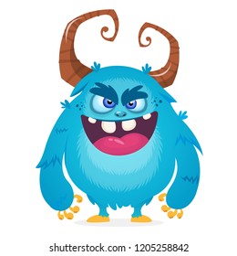 Angry cartoon monster. Halloween vector blue and horned monster. 