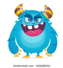 Angry cartoon monster. Halloween vector blue and horned monster 