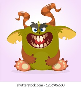 Angry cartoon monster. Halloween vector horned monster. Design for logo or print