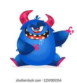 Angry cartoon monster. Halloween vector horned monster