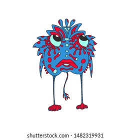 Angry cartoon Monster. Halloween vector blue with red and long tail. fairy tale villain. vector illustration