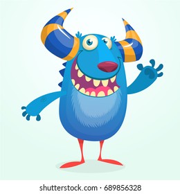 Angry cartoon monster. Halloween vector blue and horned monster. Funny troll character