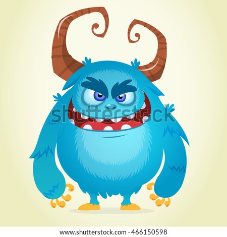Angry cartoon monster. Halloween vector blue and horned monster 
