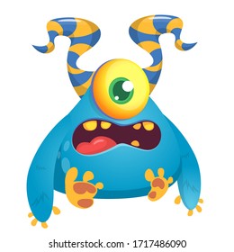 Angry cartoon monster  with horns and one eye. Smiling monster emotion with big mouth. Halloween vector illustration