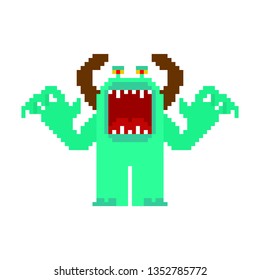 Angry cartoon Monster pixel art with open mouth. Vector 8 bit