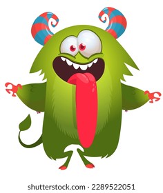 Angry cartoon monster showing long tongue. Halloween vector illustration.