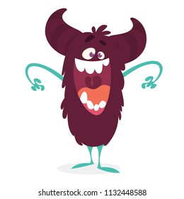 Angry cartoon monster. Vector illustration of black funny monster laughing with big mouth