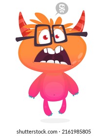 Angry cartoon monster wearing eyeglasses . Halloween Illustration of scary alien character. Package or sticker party design. Vector isolated