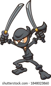 Angry cartoon ninja wielding two swords. Vector clip art illustration with simple gradients. All on a single layer. 
