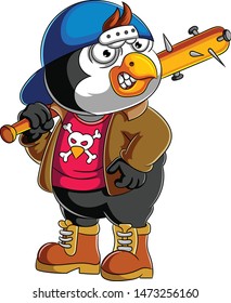 Angry cartoon penguin carrying baseball stick