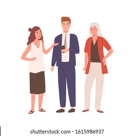 Angry cartoon people standing and look in smartphone vector flat illustration. Displeased cartoon girl businessman and woman isolated on white background. Concept of irritating and negative emotion.