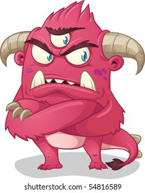 Angry cartoon pink monster. Vector illustration using simple gradients. Character and shadow are on separate layers for easy editing.