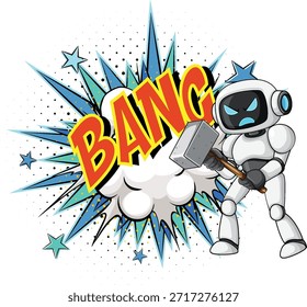 Angry cartoon robot wields hammer, comic explosion background, bold colors, pop art style