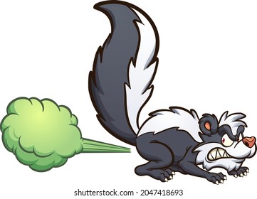 Angry cartoon skunk spraying toxic fumes. Vector clip art illustration with simple gradients. Skunk and cloud on separate layers.
