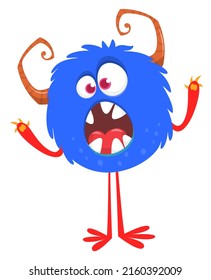 Angry cartoon smiling monster creature. Halloween Illustration of scary alien character. Package or logo design. Vector isolated