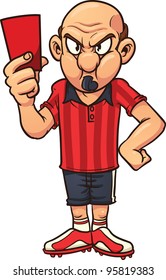 Angry cartoon soccer referee pulling out a red card. Vector illustration with simple gradients. All in a single layer.