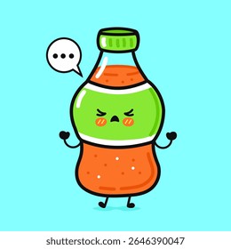 An angry cartoon soda bottle with a thought bubble, orange juice, and a blue background.