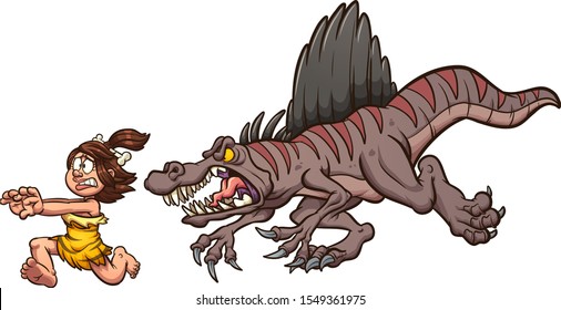 Angry cartoon spinosaurus dinosaur chasing a cave woman clip art. Vector illustration with simple gradients. Each on a separate layer. 
