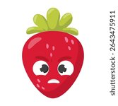 Angry cartoon strawberry with green leaves isolated on white background. Funny fruit character illustration for design and print.