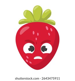 Angry cartoon strawberry with green leaves isolated on white background. Funny fruit character illustration for design and print.