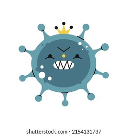 Angry cartoon style blue vector virus with yellow crown. Covid-19. Colorful illustration.